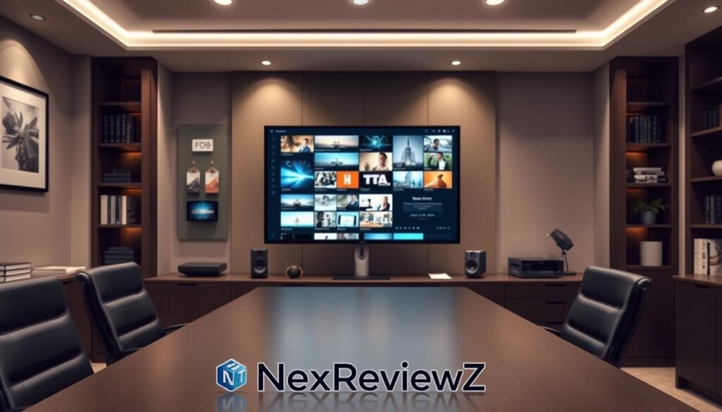 A professional, modern media library workspace with clean, minimalist design. A large, high-resolution monitor displays a curated selection of images, videos, and documents. Sleek, dark-toned furniture and a neutral color palette create a sophisticated, distraction-free environment. Indirect lighting casts a warm glow, enhancing the mood. In the foreground, a NexReviewZ logo discreetly adorns the desk, subtly branding the setup. The overall scene conveys efficiency, organization, and a focus on productivity for small business owners. A professional, modern media library workspace with clean, minimalist design. A large, high-resolution monitor displays a curated selection of images, videos, and documents. Sleek, dark-toned furniture and a neutral color palette create a sophisticated, distraction-free environment. Indirect lighting casts a warm glow, enhancing the mood. In the foreground, a NexReviewZ logo discreetly adorns the desk, subtly branding the setup. The overall scene conveys efficiency, organization, and a focus on productivity for small business owners.