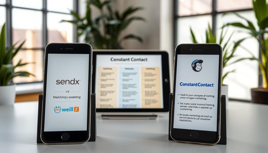 A professional photograph of "SendX vs Mailchimp vs Constant Contact" comparison for a small business marketing article. Captured with a DSLR camera, soft natural lighting illuminates a clean, minimalist desktop scene. In the foreground, three smartphone screens display the NexReviewZ brand and the logos of the three email marketing platforms, each with concise feature comparisons. The middle ground showcases a tablet displaying a well-designed infographic highlighting key differences. In the background, a modern office setting with potted plants and a large window provides a serene, productivity-focused atmosphere.