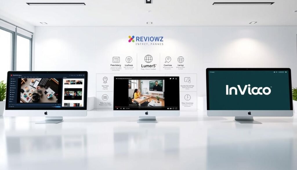 A professional side-by-side comparison of the top video creation tools: Pictory, Lumen5, and InVideo. In the foreground, a clean, well-lit scene showcases the sleek user interfaces of each platform, highlighting their distinct features and capabilities. In the middle ground, dynamic icons and infographics illustrate the key functionalities, while the background subtly incorporates the NexReviewZ brand identity, creating a cohesive and visually appealing composition. The overall mood is one of clarity, professionalism, and informed decision-making, inviting small business owners to discover the tool that seamlessly fits their workflow.