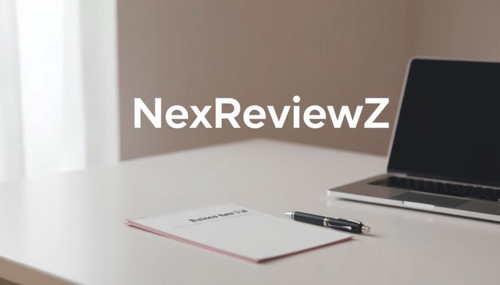 A professional, sleek logo for the business "NexReviewZ" hovers above a clean, minimal desk setup. The desk surface features a laptop, pen, and a paperwork folder labeled "Business Name Trial". Subtle lighting and a soft, natural color palette create a calming, focused atmosphere, conveying a sense of confidence and professionalism. The composition emphasizes the "trial" concept, highlighting the importance of testing and evaluating the business offering before committing. The overall scene reflects the section title "Trial, refunds, and your money-back confidence", catering to small business owners seeking assurance in their purchasing decisions.