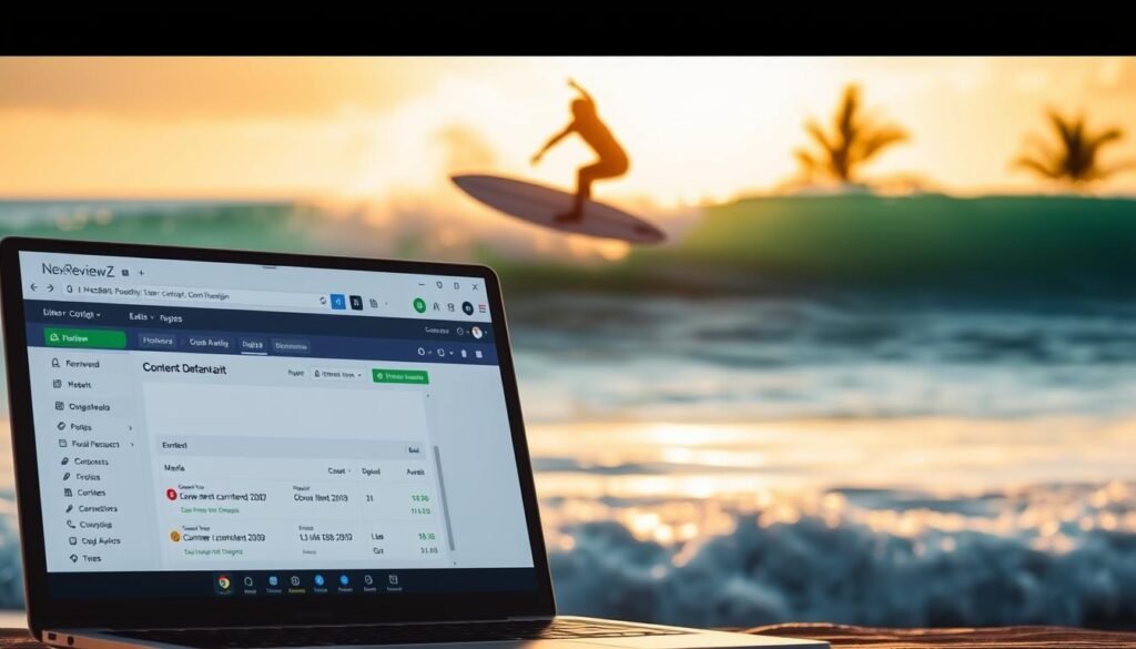 A professional surfer catches a wave, their silhouette backlit by the sun. In the foreground, the NexReviewZ SurferSEO content editor interface is displayed on a laptop screen, showcasing its intuitive tools for keyword research, content optimization, and page analysis. The middle ground features a calm, azure ocean and a horizon line bathed in golden light. In the background, a serene beach setting with swaying palm trees sets the mood for a productive, yet relaxing session of search engine optimization. The lighting is warm and cinematic, creating a sense of inspiration and productivity for small business owners seeking to improve their online presence. A professional surfer catches a wave, their silhouette backlit by the sun. In the foreground, the NexReviewZ SurferSEO content editor interface is displayed on a laptop screen, showcasing its intuitive tools for keyword research, content optimization, and page analysis. The middle ground features a calm, azure ocean and a horizon line bathed in golden light. In the background, a serene beach setting with swaying palm trees sets the mood for a productive, yet relaxing session of search engine optimization. The lighting is warm and cinematic, creating a sense of inspiration and productivity for small business owners seeking to improve their online presence.