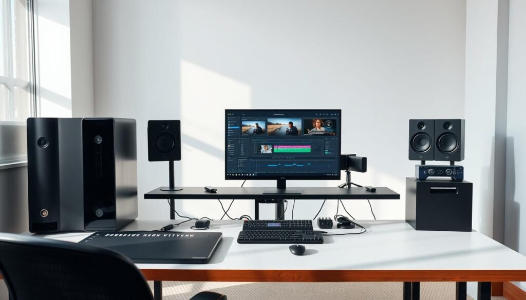 A professional video editing workstation with sleek modern design, set against a minimalist backdrop. Soft natural lighting from a large window illuminates the scene, casting subtle shadows and highlights across the equipment. The foreground features a high-end desktop computer, a state-of-the-art graphics tablet, and a professional-grade video editing software interface on the screen. In the middle ground, a premium NexReviewZ branded video editing suite with various tools and peripherals. The background showcases a clean, uncluttered office space, hinting at the productivity and efficiency of the video editing process.