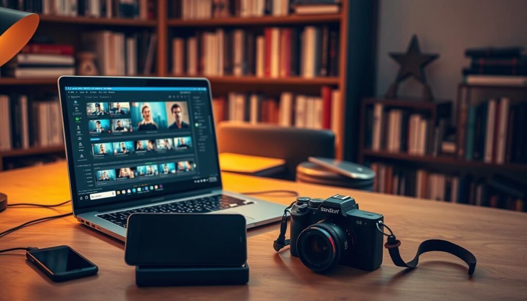 A professional video editor's desk, with an open laptop displaying the SendShort short-form video editing interface. A large, high-resolution monitor shows a timeline of video clips, with intuitive editing tools and controls. Soft, warm lighting illuminates the scene, creating a focused, productive atmosphere. In the foreground, a smartphone and a compact DSLR camera are positioned, hinting at the versatility of the video creation workflow. The background features a bookshelf filled with references on videography and design, suggesting a wealth of expertise. The overall composition conveys the ease and efficiency of using SendShort to turn long videos into engaging short-form content.