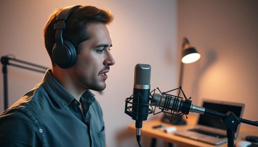 A professional voice-over artist narrates into a high-quality condenser microphone, their voice captured in crisp detail. Soft, diffused lighting illuminates the scene, creating a warm, intimate atmosphere. The microphone and audio equipment are prominently displayed, suggesting the tools of the trade. In the background, a minimalist office setup with a laptop and desk hints at the digital production workflow. The overall mood conveys the efficiency and cost-effectiveness of on-demand voice-over services, perfectly complementing the article's section on the ROI for small businesses. A professional voice-over artist narrates into a high-quality condenser microphone, their voice captured in crisp detail. Soft, diffused lighting illuminates the scene, creating a warm, intimate atmosphere. The microphone and audio equipment are prominently displayed, suggesting the tools of the trade. In the background, a minimalist office setup with a laptop and desk hints at the digital production workflow. The overall mood conveys the efficiency and cost-effectiveness of on-demand voice-over services, perfectly complementing the article's section on the ROI for small businesses.