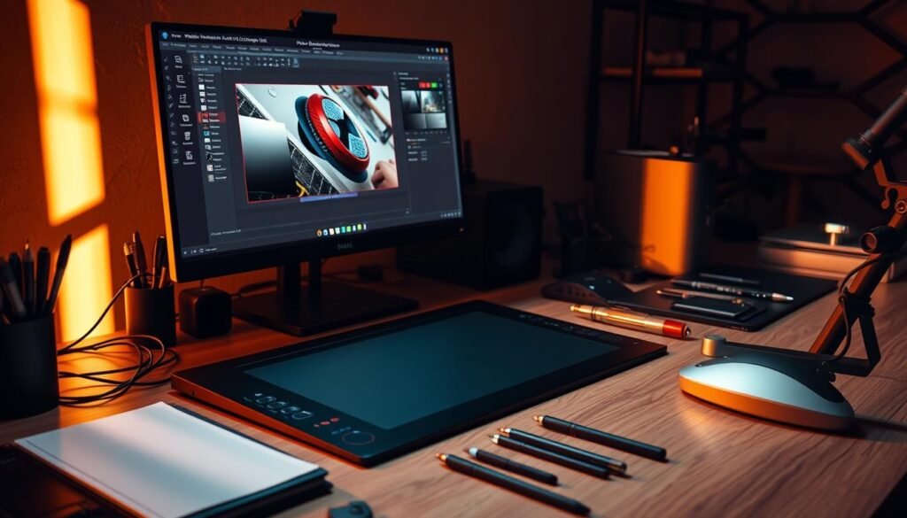 A professional workstation showcasing a range of digital image editing tools, including a high-resolution graphics tablet, a sleek desktop monitor displaying design software, and an array of precision instruments. The scene is bathed in warm, directional lighting that casts dramatic shadows, creating a dynamic, yet focused atmosphere. The composition emphasizes the tools' ergonomic design and intuitive functionality, hinting at the power and efficiency they offer for small business photo retouching and creative projects.