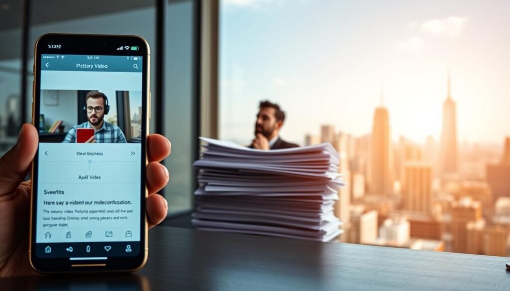 A professionally lit and composed image depicting three key benefits of Pictory for small businesses. In the foreground, a stylish, modern smartphone showcases Pictory's intuitive video creation interface. In the middle ground, a stack of neatly organized documents and a thoughtful business owner represent the time-saving and efficiency offered by Pictory's automated video production. In the background, a vibrant cityscape suggests the increased online visibility and engagement that Pictory can provide for small businesses. The overall scene conveys a sense of productivity, professionalism, and the transformative power of Pictory's tools for small enterprise success.