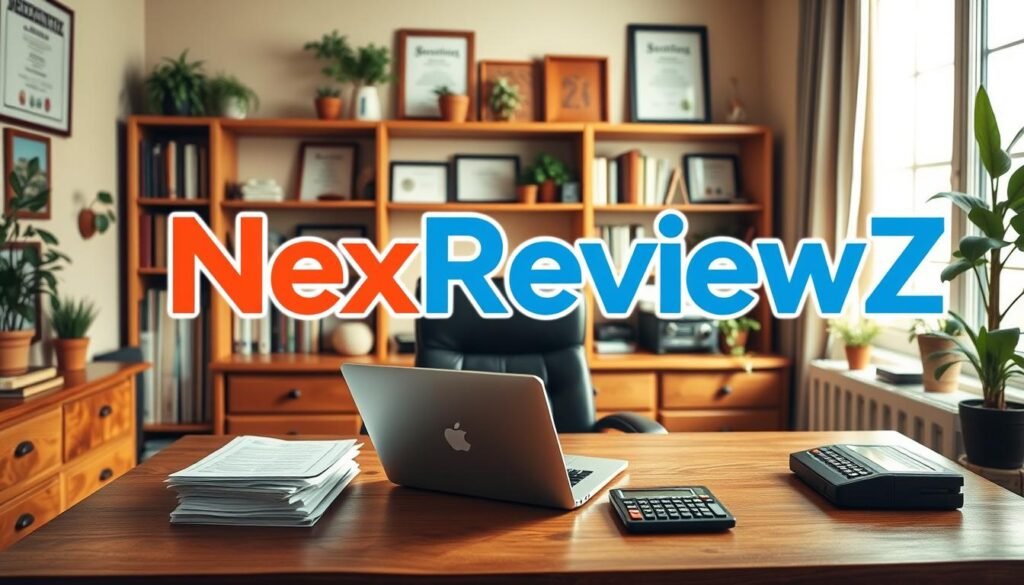 A quaint office setting with a large "NexReviewZ" logo prominently displayed. A wooden desk in the foreground features an open laptop, a stack of documents, and a calculator - all evoking a sense of a small business owner's workspace. The background showcases a cozy atmosphere with bookshelves, framed certificates, and potted plants, creating a warm, professional ambiance. Soft, natural lighting filters through the window, casting a gentle glow over the scene. The overall composition conveys a sense of reliability, security, and the assurance of "money-back guarantee days" for the hosting service.