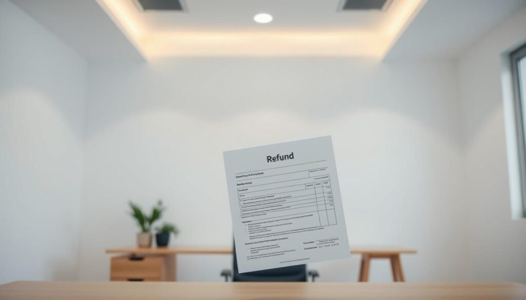 A refund document floats in a serene office setting, illuminated by soft overhead lighting. The crisp, clean lines of a minimal desk and chair frame the scene, conveying a sense of professionalism and trust. In the foreground, the refund form is rendered in muted tones, its details legible but not distracting. The background subtly suggests a well-organized workspace, hinting at the care and attention paid to financial matters. The overall mood is one of transparency and reliability, reflecting the "Refunds and money-back policy" section of the article on ElevenLabs' pricing.