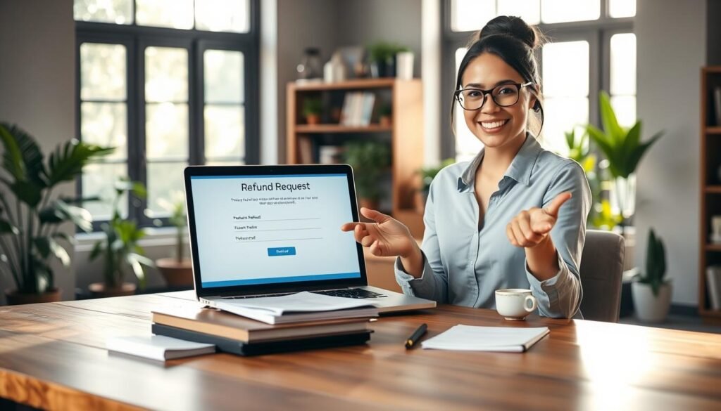 A serene and inviting office interior, bathed in soft natural light from large windows. A wooden desk takes center stage, adorned with a stack of documents and a laptop displaying a refund request form. In the foreground, a customer service agent smiles warmly, gesturing toward the screen, conveying a sense of reassurance and transparency. The background features bookshelves and potted plants, creating a professional yet welcoming atmosphere. The scene evokes a 30-day money-back guarantee policy, where customer satisfaction and trust are paramount. A serene and inviting office interior, bathed in soft natural light from large windows. A wooden desk takes center stage, adorned with a stack of documents and a laptop displaying a refund request form. In the foreground, a customer service agent smiles warmly, gesturing toward the screen, conveying a sense of reassurance and transparency. The background features bookshelves and potted plants, creating a professional yet welcoming atmosphere. The scene evokes a 30-day money-back guarantee policy, where customer satisfaction and trust are paramount.