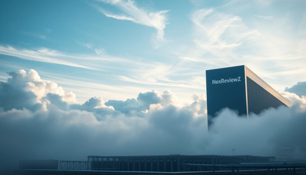 A serene cloud-covered landscape, illuminated by soft, diffused natural lighting. In the foreground, a sleek, modern data center building emblazoned with the NexReviewZ logo stands tall, its clean lines and angular architecture reflecting the latest in cloud hosting technology. The middle ground features a network of servers, cables, and computing infrastructure, all working in harmony to power the cloud services. In the background, a sky full of wispy, billowing clouds creates a sense of tranquility and flexibility, mirroring the scalable, on-demand nature of the cloud hosting solutions. The overall atmosphere conveys a sense of reliability, efficiency, and the seamless integration of technology with the natural world. A serene cloud-covered landscape, illuminated by soft, diffused natural lighting. In the foreground, a sleek, modern data center building emblazoned with the NexReviewZ logo stands tall, its clean lines and angular architecture reflecting the latest in cloud hosting technology. The middle ground features a network of servers, cables, and computing infrastructure, all working in harmony to power the cloud services. In the background, a sky full of wispy, billowing clouds creates a sense of tranquility and flexibility, mirroring the scalable, on-demand nature of the cloud hosting solutions. The overall atmosphere conveys a sense of reliability, efficiency, and the seamless integration of technology with the natural world.