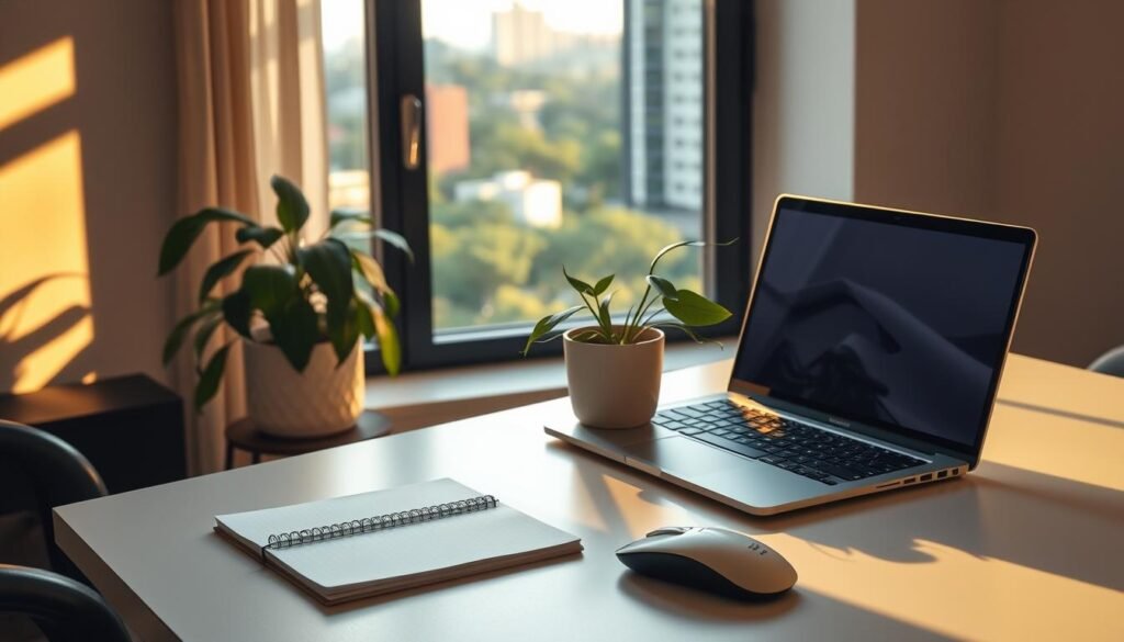 A serene home office setup with a modern laptop, a stylish desk, and a potted plant casting soft shadows. Warm lighting illuminates the space, creating a cozy, productive atmosphere. The desk is adorned with a notebook, a minimalist pen holder, and a sleek, wireless mouse - all elements contributing to the aesthetics of a professional, yet inviting blog creation environment. In the background, a window overlooking a lush, urban cityscape adds depth and a sense of tranquility to the scene. A serene home office setup with a modern laptop, a stylish desk, and a potted plant casting soft shadows. Warm lighting illuminates the space, creating a cozy, productive atmosphere. The desk is adorned with a notebook, a minimalist pen holder, and a sleek, wireless mouse - all elements contributing to the aesthetics of a professional, yet inviting blog creation environment. In the background, a window overlooking a lush, urban cityscape adds depth and a sense of tranquility to the scene.
