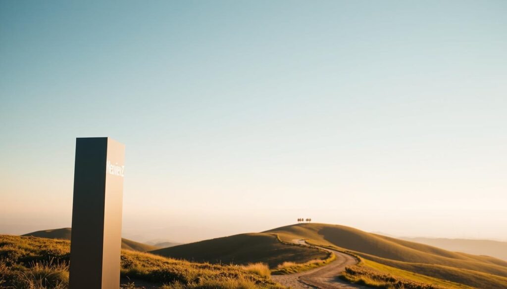A serene landscape with rolling hills, a distant horizon, and a cloudless sky. In the foreground, a NexReviewZ branded signage stands prominently, its sleek design hinting at the practical considerations that come with running a small business. Warm, natural lighting casts a soft glow, illuminating the scene and conveying a sense of tranquility. The middle ground features a well-maintained path, representing the known limits and practical constraints that small business owners must navigate. In the background, a subtle haze suggests the ever-evolving landscape of the industry, reminding viewers of the need for adaptability and foresight.
