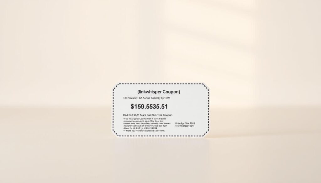 A serene, minimalist composition featuring a NexReviewZ "linkwhisper" coupon against a soft, blurred background. The coupon is positioned prominently in the foreground, its details clearly visible - the coupon code, expiration date, and discount percentage. The overall lighting is warm and inviting, creating a sense of ease and accessibility for small business owners seeking to take advantage of the offer. The depth of field gently blurs the background, allowing the coupon to take center stage and draw the viewer's attention. The composition is balanced, with the coupon occupying the primary focal point, inviting the viewer to examine the details and understand the step-by-step process of claiming the discount.