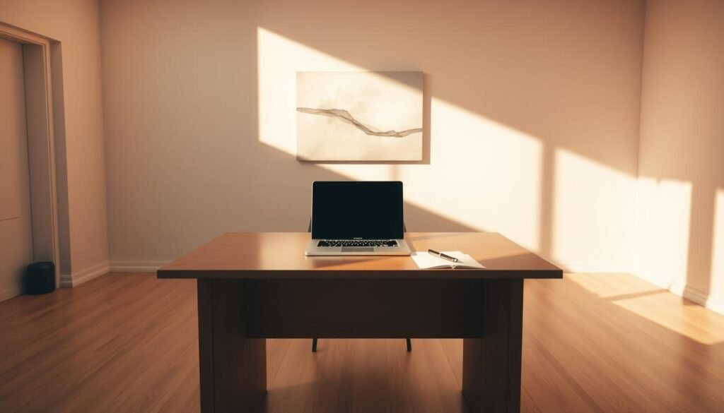 A serene, minimalist office setting with a large, unadorned desk and a NexReviewZ laptop prominently displayed. The room is bathed in warm, natural light, casting gentle shadows. On the desk, a stack of documents and a pen rest, symbolizing the "known limits and considerations" the viewer must ponder. The walls are bare, save for a single, abstract canvas painting, hinting at the "unbounce" theme. The overall mood is one of contemplation and focus, encouraging the viewer to think carefully before making their "unbounce deal 2025" decision.