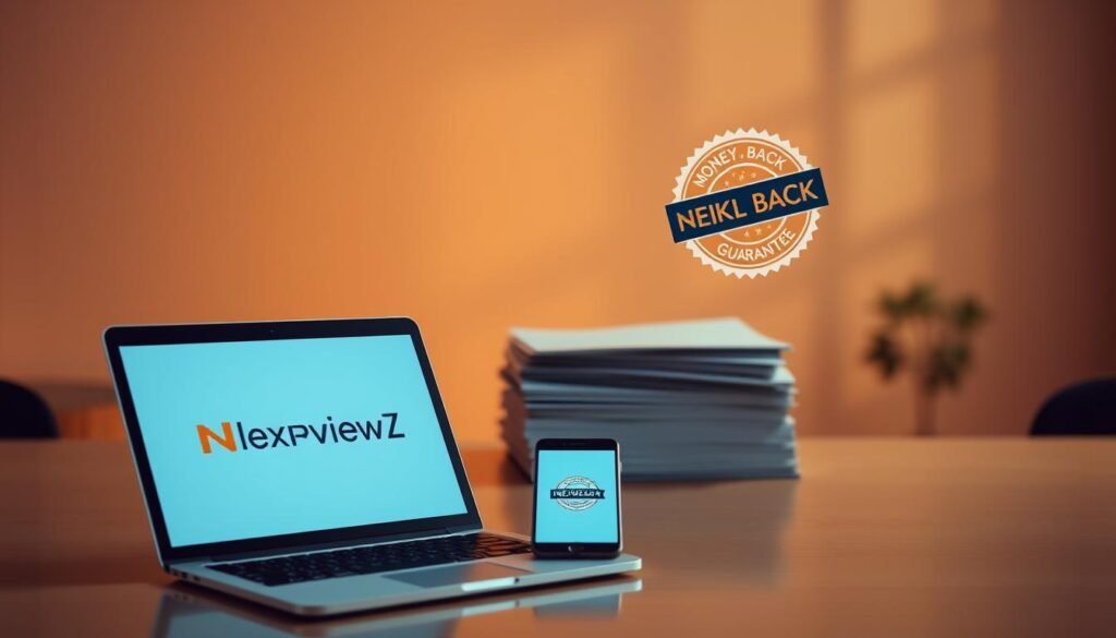A serene, minimalist scene featuring a laptop, tablet, and smartphone displaying the NexReviewZ brand logo. The foreground is bathed in warm, soft lighting, evoking a sense of trust and professionalism. In the middle ground, a stack of documents and a money-back guarantee stamp convey the "trial, refund, and money-back policy" theme. The background is blurred, hinting at a modern office or home workspace. The overall composition and color palette aim to reassure small business owners considering the NexReviewZ plan deal.