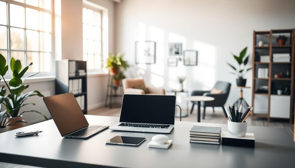 A serene office interior, soft natural lighting filtering through large windows. In the foreground, a sleek, minimalist desk showcases a laptop, tablet, and a handful of office supplies. Behind it, a neatly organized bookshelf and a vibrant potted plant add pops of color. The middle ground features a comfortable armchair and side table, creating a cozy workspace. In the background, subtle wall decor and a modern, yet inviting atmosphere convey a sense of professionalism and productivity. The overall scene exudes a calming, yet focused vibe, ideal for a small business benefits platform.