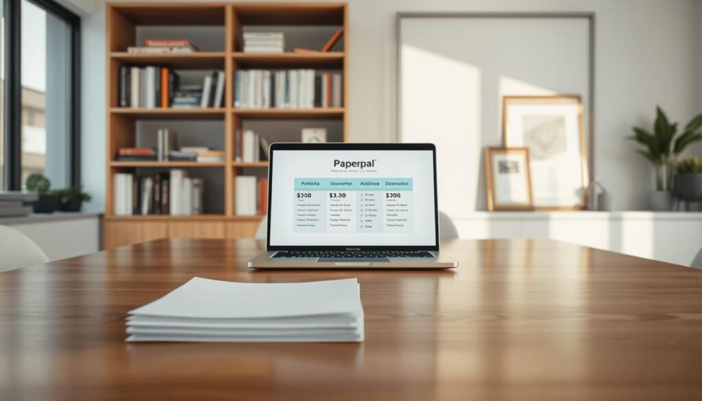 A serene office scene with a clean, minimal aesthetic. In the foreground, a stack of paper documents sits atop a polished wooden desk, symbolizing the trustworthiness and reliability of Paperpal's services. Centered on the desk is a laptop displaying Paperpal's pricing information, its screen illuminated by soft, natural lighting filtering through large windows. In the background, a bookshelf filled with industry-relevant publications and a framed certificate or award convey Paperpal's expertise and credibility. The overall atmosphere is one of professionalism, transparency, and confidence in the company's offerings. A serene office scene with a clean, minimal aesthetic. In the foreground, a stack of paper documents sits atop a polished wooden desk, symbolizing the trustworthiness and reliability of Paperpal's services. Centered on the desk is a laptop displaying Paperpal's pricing information, its screen illuminated by soft, natural lighting filtering through large windows. In the background, a bookshelf filled with industry-relevant publications and a framed certificate or award convey Paperpal's expertise and credibility. The overall atmosphere is one of professionalism, transparency, and confidence in the company's offerings.
