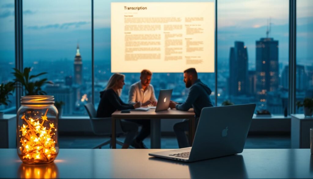 A serene office scene with a desk, laptop, and a glowing firefly jar in the foreground. The middle ground features a team collaborating around a table, their faces illuminated by the warm glow of a transcription document projected on the wall. The background showcases a panoramic cityscape at dusk, the skyline dotted with twinkling lights, creating an atmosphere of productivity, connection, and inspiration. The lighting is soft and diffused, casting a warm, inviting ambiance throughout the scene. The composition is balanced and symmetrical, drawing the viewer's eye to the central focus of the transcription document. A serene office scene with a desk, laptop, and a glowing firefly jar in the foreground. The middle ground features a team collaborating around a table, their faces illuminated by the warm glow of a transcription document projected on the wall. The background showcases a panoramic cityscape at dusk, the skyline dotted with twinkling lights, creating an atmosphere of productivity, connection, and inspiration. The lighting is soft and diffused, casting a warm, inviting ambiance throughout the scene. The composition is balanced and symmetrical, drawing the viewer's eye to the central focus of the transcription document.