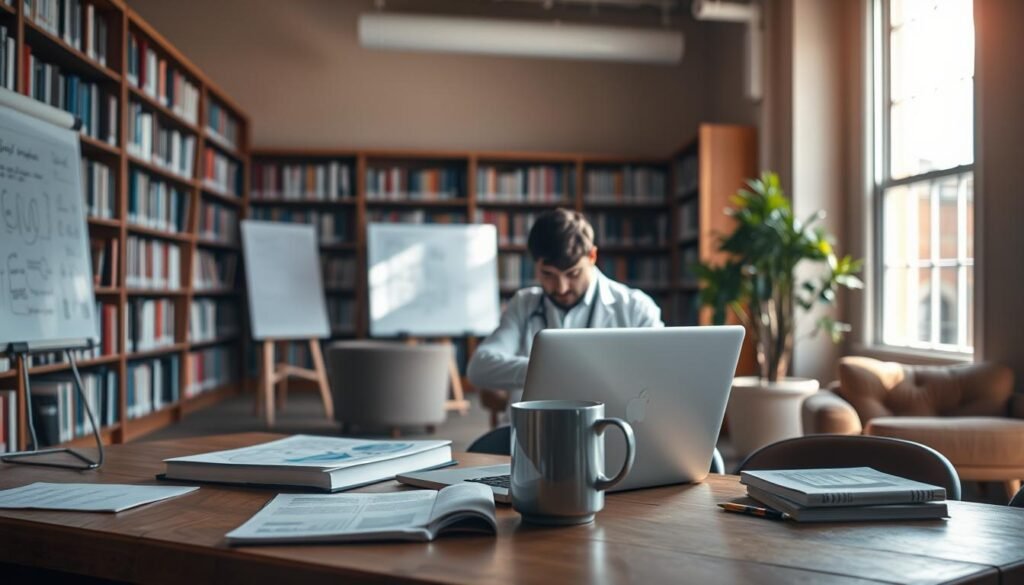 A serene, well-lit research library, sunlight streaming through large windows onto rows of neatly organized bookshelves. In the foreground, a wooden desk with a laptop, academic journals, and a steaming mug of coffee. Behind it, a whiteboard with handwritten notes and diagrams. In the middle ground, a researcher intently studying papers, their face illuminated by the soft glow of the screen. The background features a warm, cozy atmosphere with plush chairs and a potted plant, creating an inviting space for focused academic work. A serene, well-lit research library, sunlight streaming through large windows onto rows of neatly organized bookshelves. In the foreground, a wooden desk with a laptop, academic journals, and a steaming mug of coffee. Behind it, a whiteboard with handwritten notes and diagrams. In the middle ground, a researcher intently studying papers, their face illuminated by the soft glow of the screen. The background features a warm, cozy atmosphere with plush chairs and a potted plant, creating an inviting space for focused academic work.
