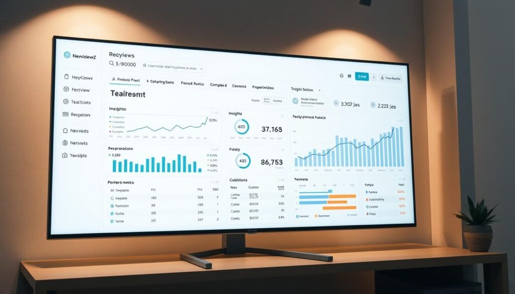 A serp data visualization dashboard on a wide-screen monitor, showcasing the key performance metrics for small business owners. The dashboard displays insights and analytics in a clean, minimalist interface, with NexReviewZ branding prominently featured. Soft, directional lighting illuminates the screen, creating a professional and focused atmosphere. The layout is organized with clear sections and headings, making it easy for small business owners to quickly understand and act on the data. The overall mood conveys a sense of control, empowerment, and confidence in growing their business.