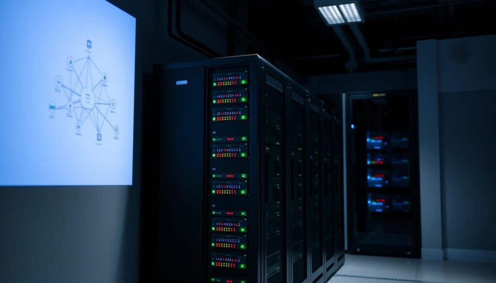 A server rack stands in a dimly lit server room, its LED indicators glowing with activity. The air is cool and crisp, reflecting the precision and reliability of the NexReviewZ hosting infrastructure. A single spotlight illuminates the rack, casting dramatic shadows and highlighting the intricate details of the hardware. In the background, a network diagram projects onto the wall, showcasing the interconnected systems that power the hosting service. The atmosphere conveys a sense of performance, security, and the unwavering commitment to uptime that NexReviewZ delivers to its small business customers.