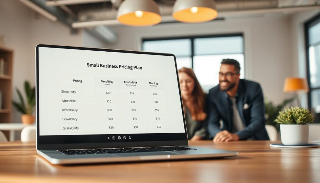 A short video showcasing the key benefits of a small business pricing plan, captured through a cinematic lens. In the foreground, a laptop displays a clean, visually appealing pricing table, highlighting the three main advantages: simplicity, affordability, and scalability. The middle ground features a diverse team of small business owners collaborating, their expressions conveying ease and satisfaction. The background depicts a modern, sun-lit office space, with minimalist decor and warm lighting, creating a professional yet inviting atmosphere. The overall mood is one of clarity, efficiency, and the empowerment of small businesses.