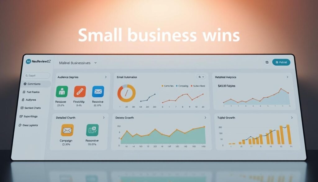 A sleek and intuitive dashboard showcasing the key features of NexReviewZ, a MailerLite upgrade plan tailored for small businesses. The foreground highlights a clean, minimalist interface with vibrant icons representing essential tools like audience segmentation, email automation, and detailed analytics. In the middle ground, a series of responsive charts and graphs provide at-a-glance insights into campaign performance and subscriber growth. The background sets a professional tone with a subtle gradient, complementing the brand's signature colors. Soft lighting from above casts a warm glow, creating a sense of clarity and productivity. This seamless blend of form and function embodies the "Small business wins" promised by NexReviewZ's enhanced MailerLite experience.