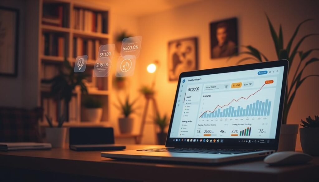 A sleek and minimalist desktop setup, bathed in warm lighting. In the foreground, a laptop displays a clean, user-friendly SEO dashboard, showcasing core features like keyword research, on-page optimization, and content analysis. Hovering above the screen, holographic data visualizations illustrate SEO performance metrics. In the middle ground, a stylized graph charts the growth of website traffic and search engine rankings. The background reveals a cozy, focused work environment, with bookshelves and plants creating a sense of productivity and creativity. The overall mood is one of efficiency, clarity, and the power of data-driven content optimization.