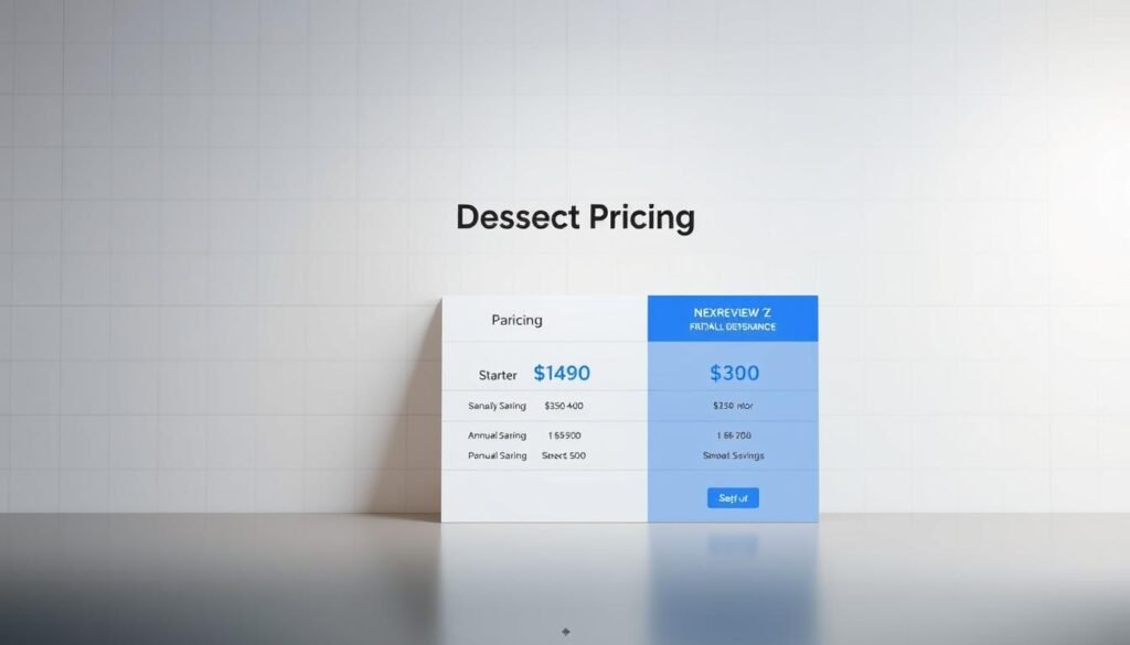 A sleek and minimalist layout showcasing the "Descript Pricing" for the NexReviewZ platform. In the center, a clean table displaying the Starter, Pro, and annual savings options, with clear headings and pricing details. The background features a subtle grid pattern in muted tones, creating a professional and polished atmosphere. The lighting is soft and even, highlighting the key information without distracting. The camera angle is slightly elevated, giving a sense of authority and importance to the pricing details. Overall, the image conveys a sense of clarity, organization, and value for small business owners considering the NexReviewZ Descript Pro trial.