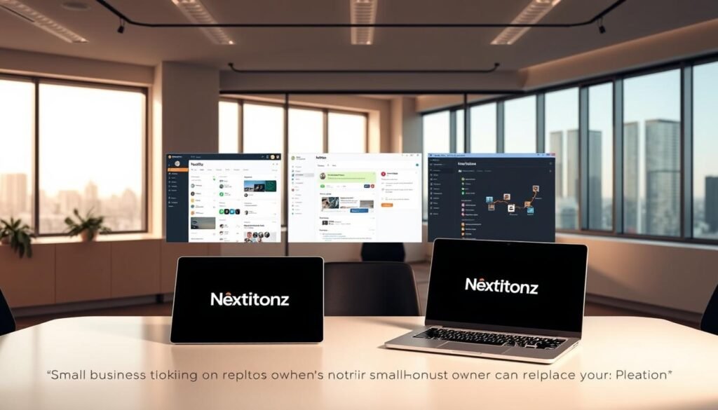 A sleek and minimalist office scene with a large desk showcasing the user interfaces of Notion, Trello, and Asana side-by-side. The lighting is soft and warm, creating a professional yet inviting atmosphere. In the foreground, a laptop displays the "NexReviewZ" brand name, while the background features a large window overlooking a cityscape. The image emphasizes the key differences and functionalities of these popular project management tools, allowing small business owners to visualize how Notion can potentially replace their current solutions.