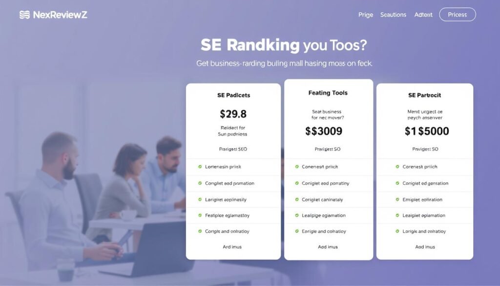 A sleek and modern SE Ranking pricing table for small businesses, showcasing NexReviewZ's different plan options. The foreground features clean, minimalist UI elements with clear headings, pricing details, and feature descriptions. The middle ground depicts a team of professionals collaborating, hinting at the platform's collaborative tools. The background has a subtle gradient, providing a sense of depth and professionalism. The overall mood is one of sophistication, efficiency, and value, targeted at small business owners seeking an effective SEO solution.