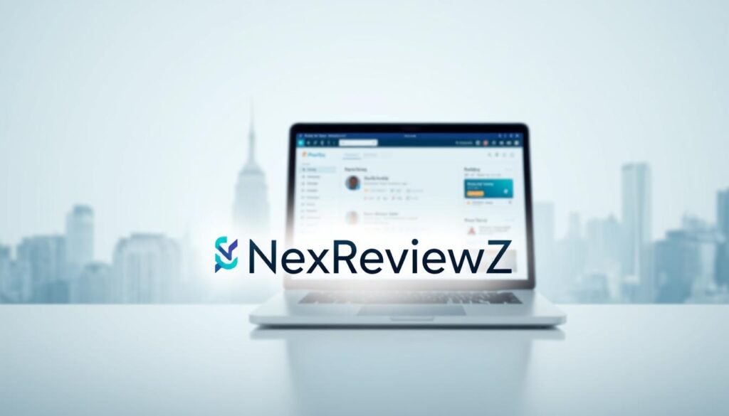 A sleek and modern brand concept for "NexReviewZ", a platform for small business owners to showcase their online reviews. In the foreground, a clean, minimalist logo with the brand name appears, surrounded by a soft, glowing radiance. The middle ground features a laptop screen displaying a review management dashboard, conveying the product's functionality. In the background, a subtle cityscape with skyscrapers suggests a professional, urban setting. Soft, directional lighting creates a sense of sophistication, while a color palette of blues, grays, and whites evokes a sense of trust and reliability. The overall mood is one of efficiency, clarity, and innovation, perfectly suited for the target audience of small business owners seeking to leverage online reviews.