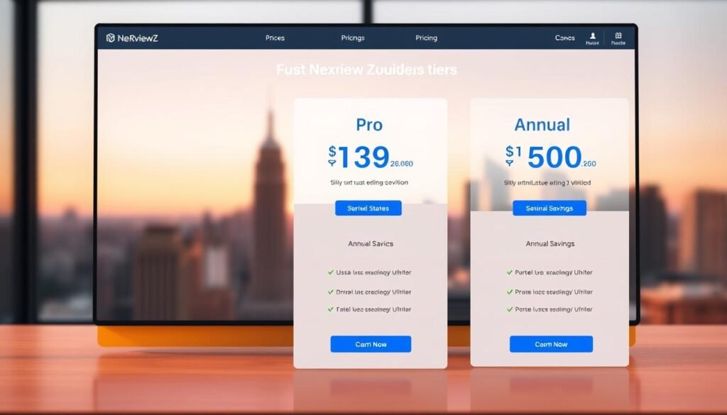 A sleek and modern desktop interface showcasing the pricing tiers of the NexReviewZ video editor. In the foreground, a clean table displays the Starter, Pro, and Annual savings options, with clear and concise pricing information. The middle ground features subtle product shots, highlighting the intuitive editing tools. In the background, a soft, blurred cityscape sets a professional, business-oriented tone. Warm lighting and a minimalist color palette convey a sense of sophistication and clarity, appealing to small business owners seeking a reliable video editing solution. A sleek and modern desktop interface showcasing the pricing tiers of the NexReviewZ video editor. In the foreground, a clean table displays the Starter, Pro, and Annual savings options, with clear and concise pricing information. The middle ground features subtle product shots, highlighting the intuitive editing tools. In the background, a soft, blurred cityscape sets a professional, business-oriented tone. Warm lighting and a minimalist color palette convey a sense of sophistication and clarity, appealing to small business owners seeking a reliable video editing solution.