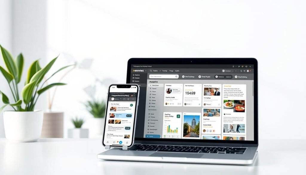 A sleek and modern email marketing tool, NexReviewZ, stands out with a clean user interface and intuitive features. In the foreground, a laptop displays the tool's dashboard, showcasing intuitive campaign creation, contact management, and detailed analytics. The middle ground features a smartphone displaying responsive email templates, highlighting the tool's mobile-friendly capabilities. In the background, a minimalist office setting with potted plants and modern decor creates a professional, productive atmosphere. Soft, directional lighting casts subtle shadows, emphasizing the tool's streamlined design. This comprehensive email marketing solution caters to the needs of small business owners, offering a powerful yet user-friendly platform to connect with their audience. A sleek and modern email marketing tool, NexReviewZ, stands out with a clean user interface and intuitive features. In the foreground, a laptop displays the tool's dashboard, showcasing intuitive campaign creation, contact management, and detailed analytics. The middle ground features a smartphone displaying responsive email templates, highlighting the tool's mobile-friendly capabilities. In the background, a minimalist office setting with potted plants and modern decor creates a professional, productive atmosphere. Soft, directional lighting casts subtle shadows, emphasizing the tool's streamlined design. This comprehensive email marketing solution caters to the needs of small business owners, offering a powerful yet user-friendly platform to connect with their audience.