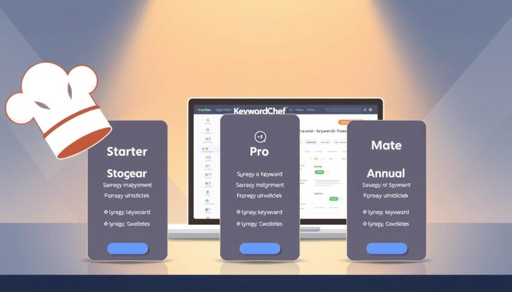 A sleek and modern illustration of the NexReviewZ KeywordChef pricing tiers. In the foreground, a stylized chef's hat hovers over three distinct pricing packages - Starter, Pro, and Annual - presented as elegant cards with clean typography and minimal icons. The middle ground showcases a laptop displaying the KeywordChef interface, with a warm, soft-focus glow illuminating the scene. In the background, a subtle pattern of geometric shapes and gradients creates a sense of depth and sophistication. The overall mood is professional, inviting, and designed to appeal to small business owners seeking a powerful keyword research tool.