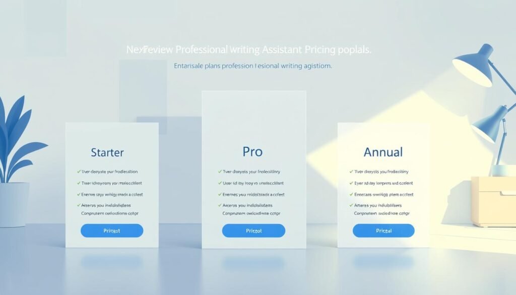 A sleek and modern illustration showcasing the pricing plans of NexReviewZ, a professional writing assistant platform. In the foreground, three distinct plan options are presented - Starter, Pro, and Annual - each highlighted with a clean and visually appealing design. The middle ground features subtle geometric patterns and a light, airy color palette to create a sense of sophistication. The background subtly hints at a workspace environment, with minimalist office elements providing a relatable context. The overall mood is one of clarity, professionalism, and accessibility, intended to appeal to small business owners seeking a reliable writing solution. Crisp lighting and a slightly elevated camera angle contribute to the polished, inviting aesthetic.