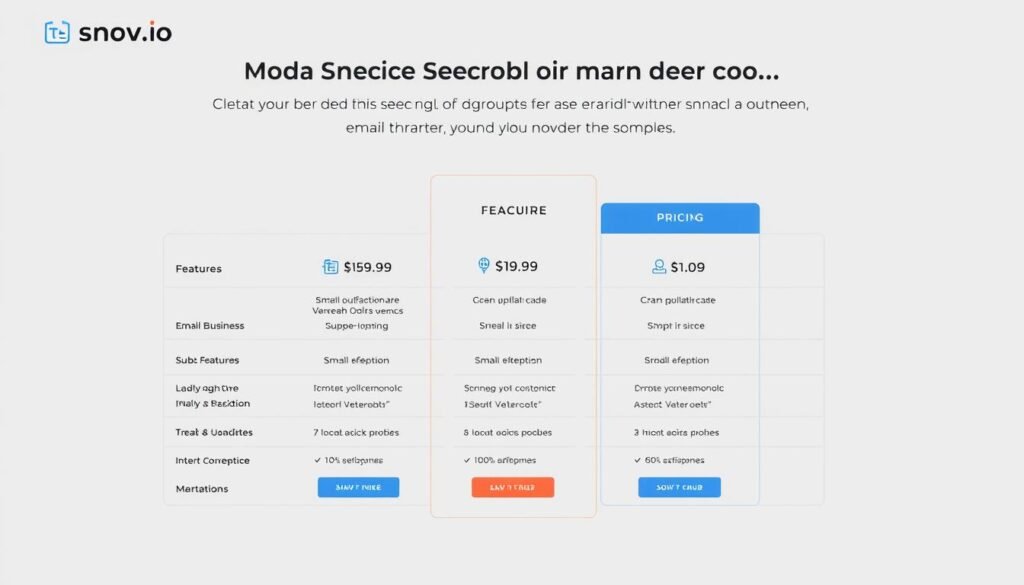 A sleek and modern infographic showcasing the pricing options for Snov.io, a leading email outreach platform. In the foreground, a clean and well-organized table displaying the different subscription tiers, their features, and corresponding pricing. The middle ground features subtle graphical elements like icons and data visualizations to highlight key information. The background has a soft, gradient-based color scheme, complementing the NexReviewZ brand identity. The overall mood is professional, informative, and designed to captivate small business owners considering Snov.io for their email marketing needs. A sleek and modern infographic showcasing the pricing options for Snov.io, a leading email outreach platform. In the foreground, a clean and well-organized table displaying the different subscription tiers, their features, and corresponding pricing. The middle ground features subtle graphical elements like icons and data visualizations to highlight key information. The background has a soft, gradient-based color scheme, complementing the NexReviewZ brand identity. The overall mood is professional, informative, and designed to captivate small business owners considering Snov.io for their email marketing needs.
