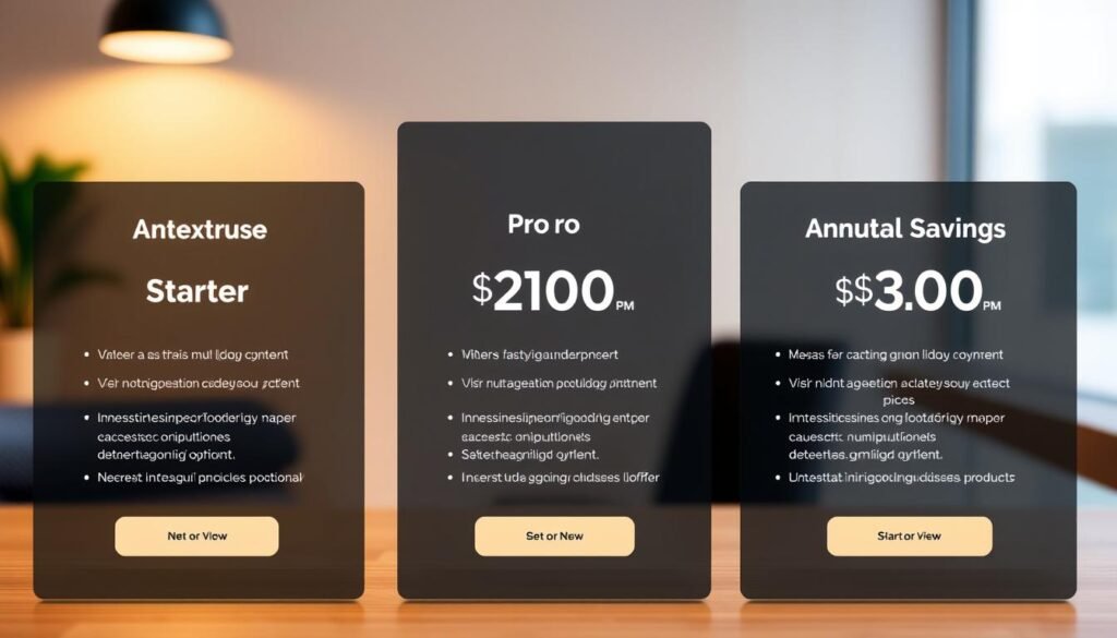 A sleek and modern interface showcases the pricing tiers of NexReviewZ's MarketMuse solution. In the foreground, three distinct panels highlight the Starter, Pro, and Annual Savings options, each with clear pricing details and feature breakdowns. The middle ground features subtle product illustrations, hinting at the powerful capabilities of the platform. The background is a softly blurred, minimalist setting, allowing the pricing information to take center stage. Warm lighting and a clean, professional aesthetic convey the value proposition for small business owners seeking an effective content optimization tool. A sleek and modern interface showcases the pricing tiers of NexReviewZ's MarketMuse solution. In the foreground, three distinct panels highlight the Starter, Pro, and Annual Savings options, each with clear pricing details and feature breakdowns. The middle ground features subtle product illustrations, hinting at the powerful capabilities of the platform. The background is a softly blurred, minimalist setting, allowing the pricing information to take center stage. Warm lighting and a clean, professional aesthetic convey the value proposition for small business owners seeking an effective content optimization tool.