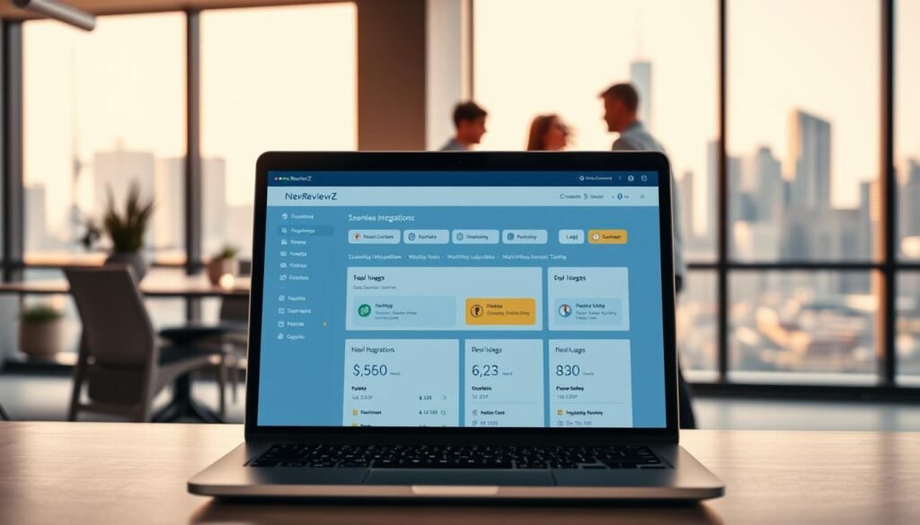 A sleek and modern office setting, illuminated by warm, natural lighting from large windows. In the foreground, a laptop displays a NexReviewZ dashboard, showcasing seamless integrations and workflow automation tools tailored for small businesses. The middle ground features a team collaborating, leveraging these powerful features to streamline operations and boost productivity. In the background, a vibrant city skyline sets the stage, representing the dynamic environment in which small businesses thrive through efficient, technology-driven workflows. A sleek and modern office setting, illuminated by warm, natural lighting from large windows. In the foreground, a laptop displays a NexReviewZ dashboard, showcasing seamless integrations and workflow automation tools tailored for small businesses. The middle ground features a team collaborating, leveraging these powerful features to streamline operations and boost productivity. In the background, a vibrant city skyline sets the stage, representing the dynamic environment in which small businesses thrive through efficient, technology-driven workflows.