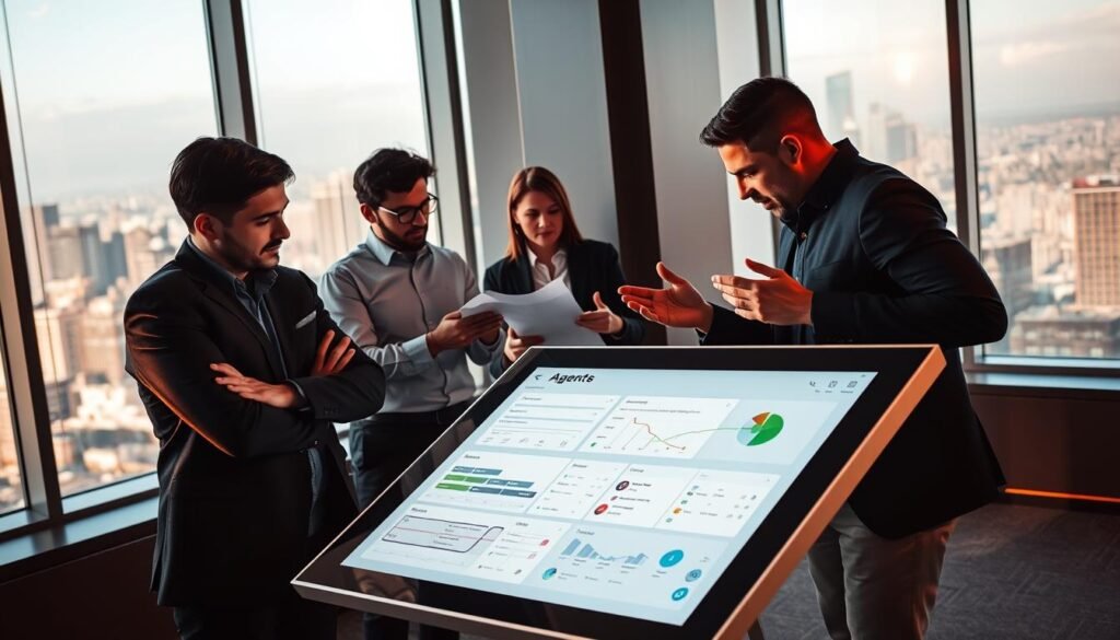 A sleek and modern office setting with a team of "agent builders" - skilled professionals collaborating on a digital chatbot project. In the foreground, two designers intently review wireframes on a large touchscreen display, their expressions focused and determined. In the middle ground, a data analyst pores over charts and graphs, while a product manager gestures animatedly, leading a brainstorming session. The background features a panoramic city skyline visible through floor-to-ceiling windows, bathed in warm, directional lighting that casts dramatic shadows. The overall atmosphere conveys a sense of productivity, innovation, and the thrill of building something impactful for small businesses. A sleek and modern office setting with a team of "agent builders" - skilled professionals collaborating on a digital chatbot project. In the foreground, two designers intently review wireframes on a large touchscreen display, their expressions focused and determined. In the middle ground, a data analyst pores over charts and graphs, while a product manager gestures animatedly, leading a brainstorming session. The background features a panoramic city skyline visible through floor-to-ceiling windows, bathed in warm, directional lighting that casts dramatic shadows. The overall atmosphere conveys a sense of productivity, innovation, and the thrill of building something impactful for small businesses.