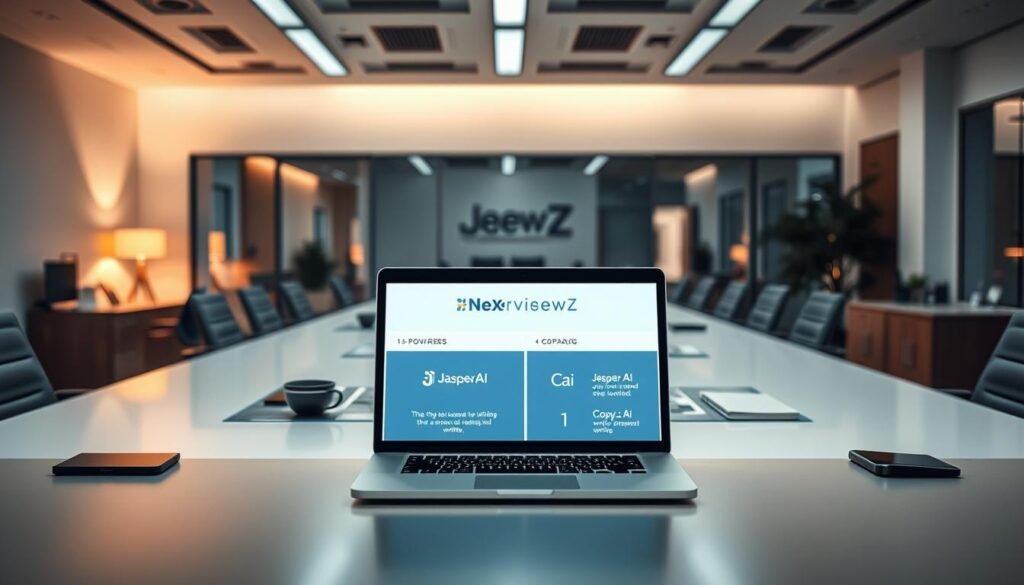 A sleek and modern office space, with a large central desk displaying various AI-powered writing tools. In the foreground, a laptop showcases the NexReviewZ brand and the comparison of Jasper AI and Copy.ai features. The middle ground features a professional, well-lit setup with a minimalist aesthetic, drawing the viewer's attention to the comparison tools. The background has a warm, inviting atmosphere with subtle lighting, creating a productive and collaborative environment. The image conveys a sense of efficiency, innovation, and the ability to make informed decisions for small business owners seeking the best writing assistant. A sleek and modern office space, with a large central desk displaying various AI-powered writing tools. In the foreground, a laptop showcases the NexReviewZ brand and the comparison of Jasper AI and Copy.ai features. The middle ground features a professional, well-lit setup with a minimalist aesthetic, drawing the viewer's attention to the comparison tools. The background has a warm, inviting atmosphere with subtle lighting, creating a productive and collaborative environment. The image conveys a sense of efficiency, innovation, and the ability to make informed decisions for small business owners seeking the best writing assistant.