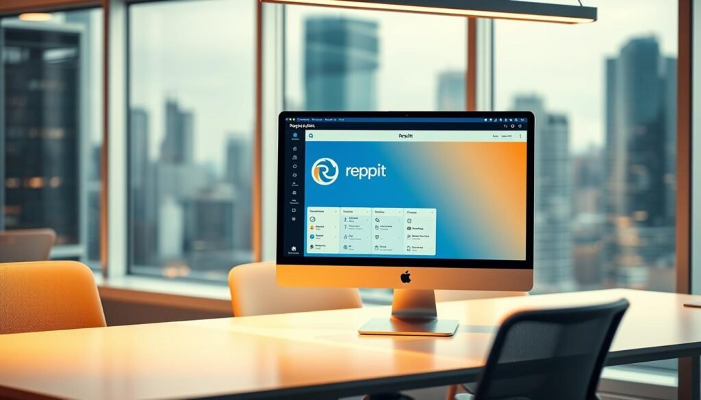 A sleek and modern office workspace with a prominent computer monitor displaying the "Replit Agent" app interface. The monitor is situated on a clean, minimalist desk with a subtle replit logo visible. The workspace is bathed in warm, directional lighting from an overhead source, casting soft shadows and highlighting the app's user interface. The background features a blurred, abstract cityscape visible through a large window, conveying a sense of a dynamic, tech-savvy environment. The overall mood is one of productivity, innovation, and the seamless integration of Replit's tools into a startup's daily operations.