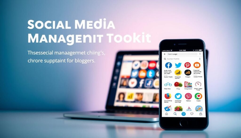 A sleek and modern social media management toolkit, showcased against a clean, minimalist backdrop. In the foreground, a smartphone display highlights key features, such as scheduling, analytics, and content curation. The middle ground features a laptop with various social platform logos, representing the integrated workflow. The background subtly blends shades of blue, evoking a professional and productive atmosphere. Warm, directional lighting casts a soft glow, emphasizing the intuitive and user-friendly nature of this essential digital marketing tool for bloggers. A sleek and modern social media management toolkit, showcased against a clean, minimalist backdrop. In the foreground, a smartphone display highlights key features, such as scheduling, analytics, and content curation. The middle ground features a laptop with various social platform logos, representing the integrated workflow. The background subtly blends shades of blue, evoking a professional and productive atmosphere. Warm, directional lighting casts a soft glow, emphasizing the intuitive and user-friendly nature of this essential digital marketing tool for bloggers.