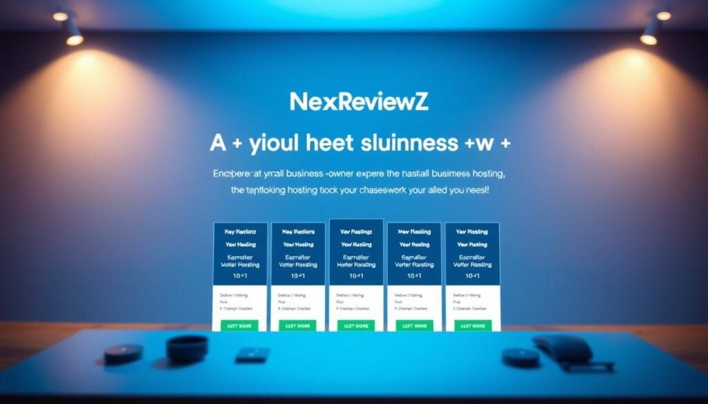 A sleek and modern web hosting interface showcases the NexReviewZ brand, inviting small business owners to explore the seamless hosting experience. In the foreground, a clean dashboard presents intuitive controls, while the middle ground features an array of hosting plan options tailored for their needs. The background subtly blends shades of blue, evoking a sense of trustworthiness and professionalism. Soft lighting illuminates the scene, creating a warm and welcoming atmosphere that encourages users to take action and secure their online presence with NexReviewZ's reliable hosting services. A sleek and modern web hosting interface showcases the NexReviewZ brand, inviting small business owners to explore the seamless hosting experience. In the foreground, a clean dashboard presents intuitive controls, while the middle ground features an array of hosting plan options tailored for their needs. The background subtly blends shades of blue, evoking a sense of trustworthiness and professionalism. Soft lighting illuminates the scene, creating a warm and welcoming atmosphere that encourages users to take action and secure their online presence with NexReviewZ's reliable hosting services.