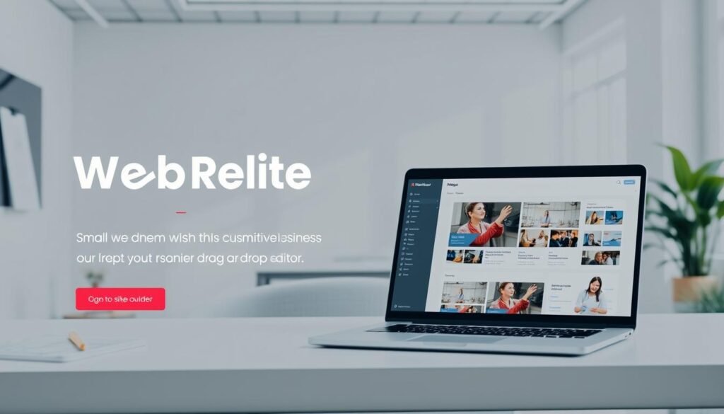 A sleek and modern website builder interface, showcasing the NexReviewZ brand. In the foreground, a responsive web design with clean typography and intuitive navigation. The middle ground features a laptop displaying the website builder's drag-and-drop editor, enabling small business owners to customize their online presence with ease. In the background, a minimalist office setting with natural lighting, conveying a sense of productivity and efficiency. The overall atmosphere is one of simplicity, power, and professionalism, catering to the needs of the target audience.