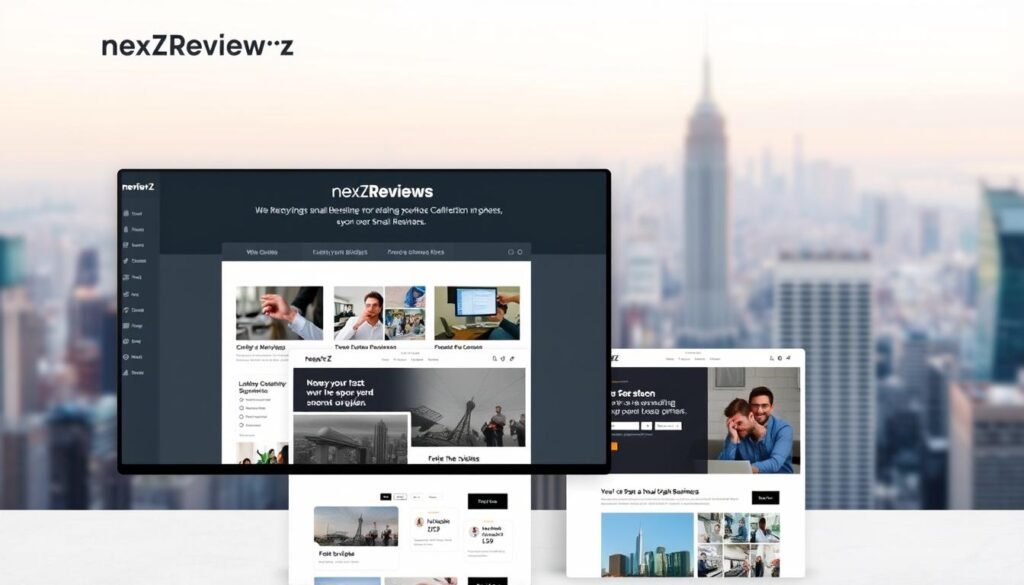A sleek and modern website builder interface with a clean, minimalist design. The foreground features the NexReviewZ brand name prominently displayed, along with a simple and intuitive navigation menu. The middle ground showcases various website customization tools and templates, with a focus on easy-to-use drag-and-drop functionality. The background depicts a soft, blurred cityscape, conveying a sense of professionalism and sophistication. The overall mood is one of efficiency, accessibility, and user-friendliness, catering to the needs of small business owners who want to create a professional online presence with ease.