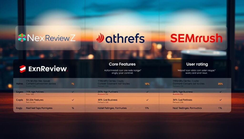 A sleek comparison of popular SEO tools NexReviewZ, Ahrefs, and SEMrush, illuminated by warm, directional lighting. The foreground showcases the tools' logos and core features in a clean, minimalist layout. The middle ground highlights performance metrics and user ratings, while the background subtly depicts a cityscape, symbolizing the tools' global reach. The overall mood is professional, informative, and visually compelling, tailored to small business owners seeking the best SEO solution. A sleek comparison of popular SEO tools NexReviewZ, Ahrefs, and SEMrush, illuminated by warm, directional lighting. The foreground showcases the tools' logos and core features in a clean, minimalist layout. The middle ground highlights performance metrics and user ratings, while the background subtly depicts a cityscape, symbolizing the tools' global reach. The overall mood is professional, informative, and visually compelling, tailored to small business owners seeking the best SEO solution.