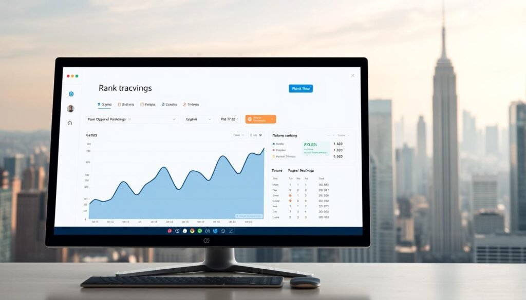 A sleek desktop interface showcases NexReviewZ's rank tracking feature. In the foreground, a crisp line graph depicts the organic search rankings of a local business, updated in real-time. The middle ground features a clean dashboard with intuitive analytics, highlighting key performance metrics. In the background, a serene cityscape with towering skyscrapers suggests the power and scale of this AI-driven tool. Soft lighting and a minimalist aesthetic create a professional, trustworthy atmosphere for small business owners seeking to optimize their online presence.