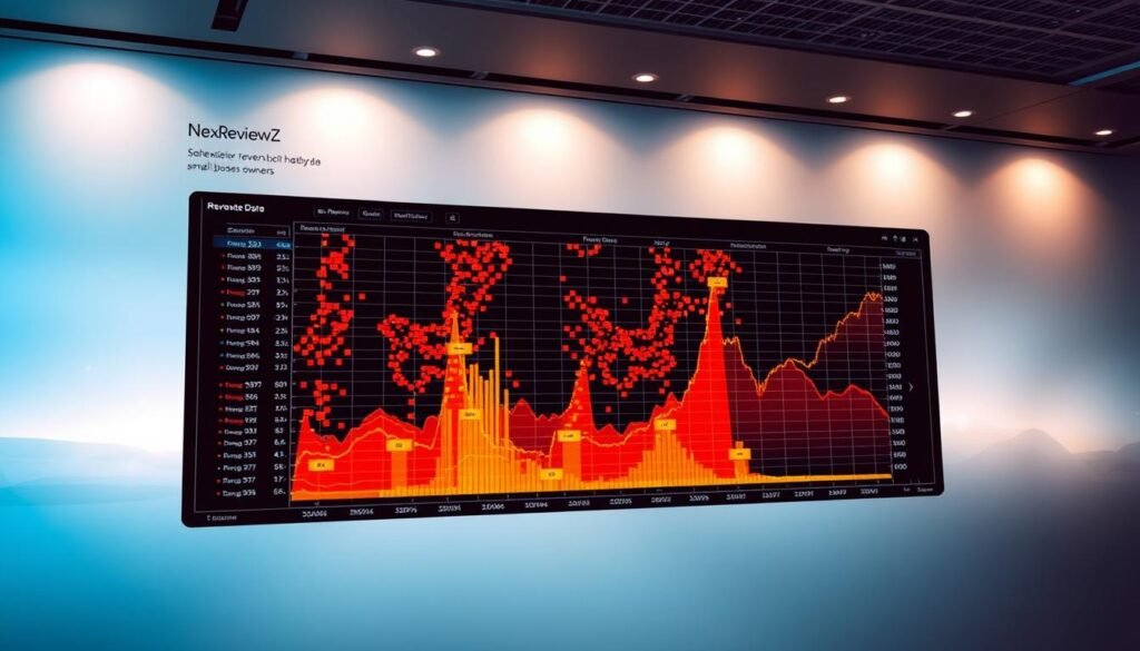 A sleek, high-contrast heatmap visualization showcasing NexReviewZ's unique revenue-based data. In the center, a detailed heatmap grid pulses with vibrant colors, highlighting sales patterns and growth trends. The background features a clean, modern interface with smooth gradients and subtle highlights, evoking a professional, data-driven atmosphere. Warm lighting casts a subtle glow, drawing the viewer's attention to the key insights. The overall mood is one of clarity, precision, and the power of data-driven decision making for small business owners.