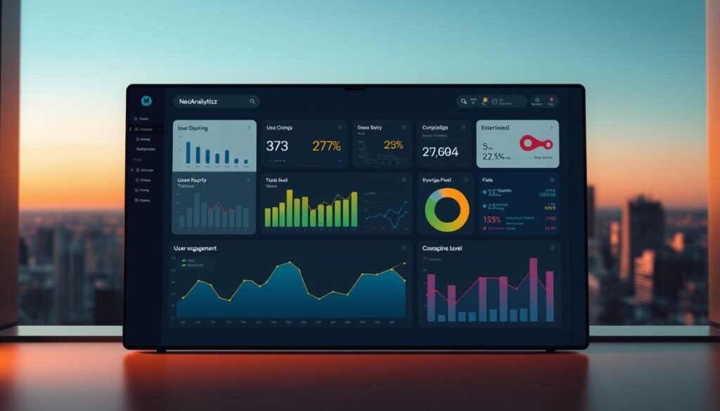 A sleek, minimalist dashboard displays key analytics for NexReviewZ, a startup tracking tool for small businesses. In the foreground, a stylized graph visualizes user engagement data. The middle ground features an array of colorful charts and metrics, conveying the depth of TinyAnalytics' reporting capabilities. In the background, a serene cityscape hints at the global reach and enterprise-level insights provided by the platform. Soft, warm lighting sets an inviting, professional tone, capturing the platform's versatility for both novice and advanced users.